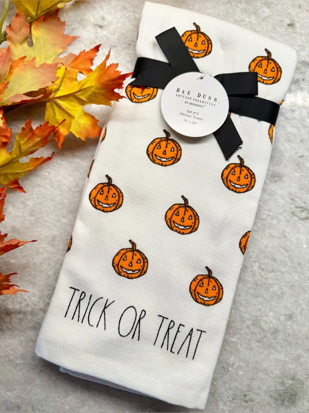 New Rae Dunn Halloween Pumpkin Trick or Treat Kitchen Hand Towels Set of 2